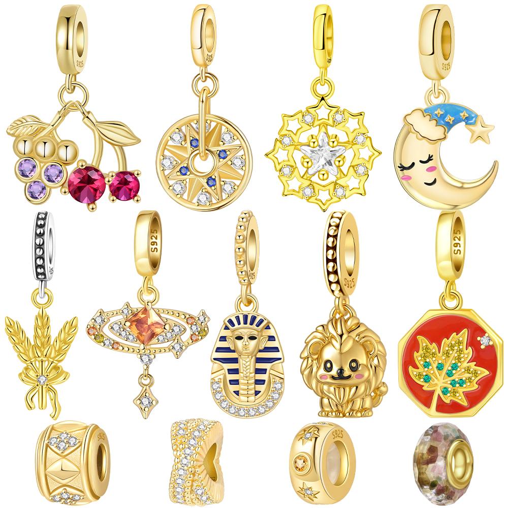 Gold Series Original Copper Sleeping Cat Cute Moon Grape Cherry Star Moon Pendant Beads Fit Bracelet Women Jewelry Gift Diy