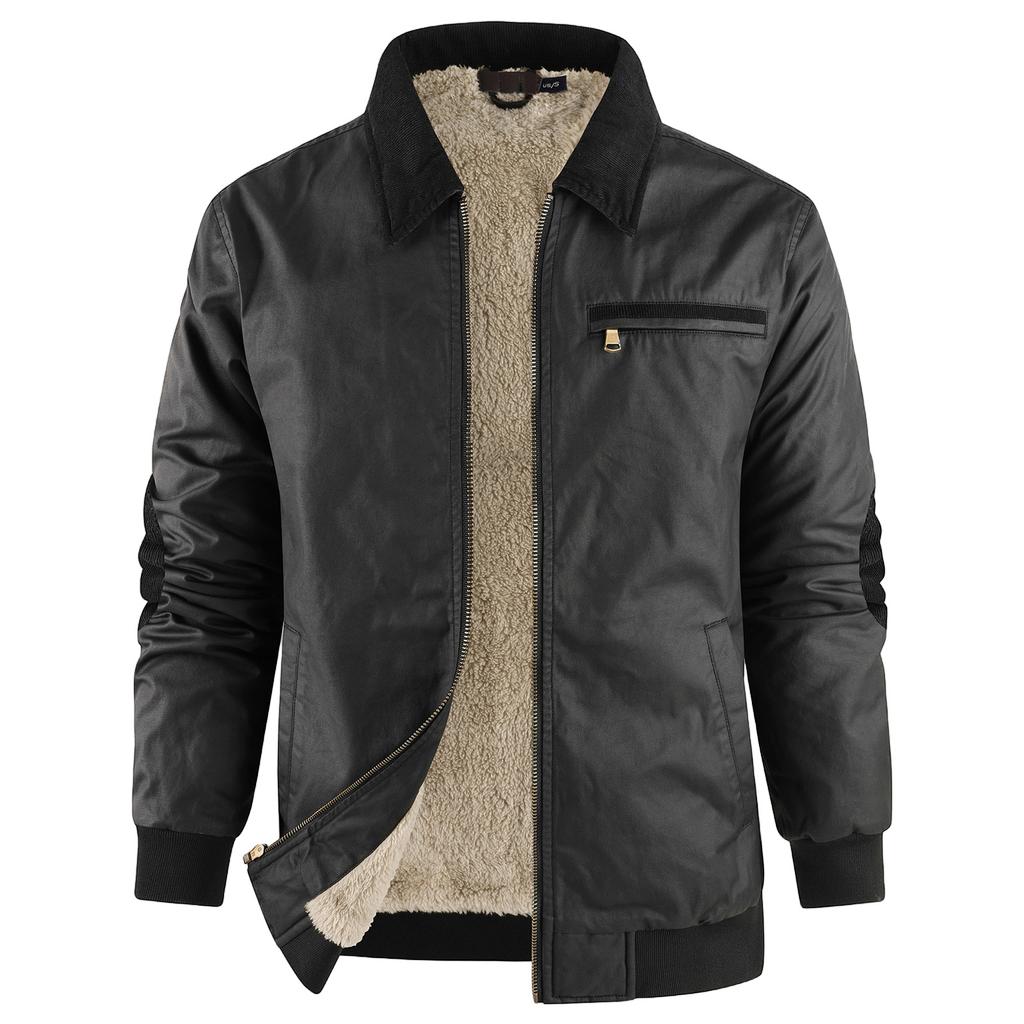 Men's Solid Color Zipper Pocket Work Jacket Men's Casual Trucker Fleece Jacket