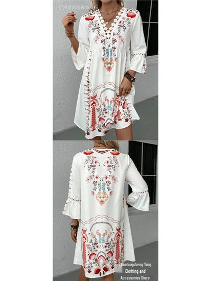 Women's Summer V-Neck Lace Patchwork Casual Printed Dress