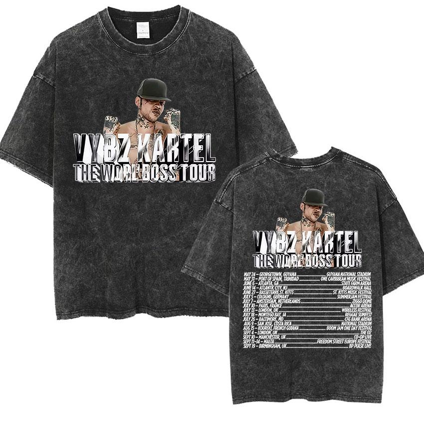 Rapper Vybz Kartel Tour Album T Shirts Mens Fashion High Quality Cotton Tshirt Vintage Washed Short Sleeve Tees Streetwear