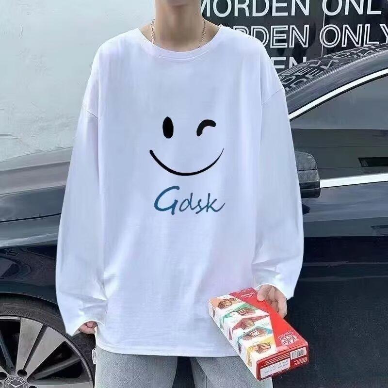 2024 Men's Long-Sleeved T-shirt Autumn Undershirt Long Sleeve Cotton Autumn Hong Kong Style Printing Loose Trendy Top