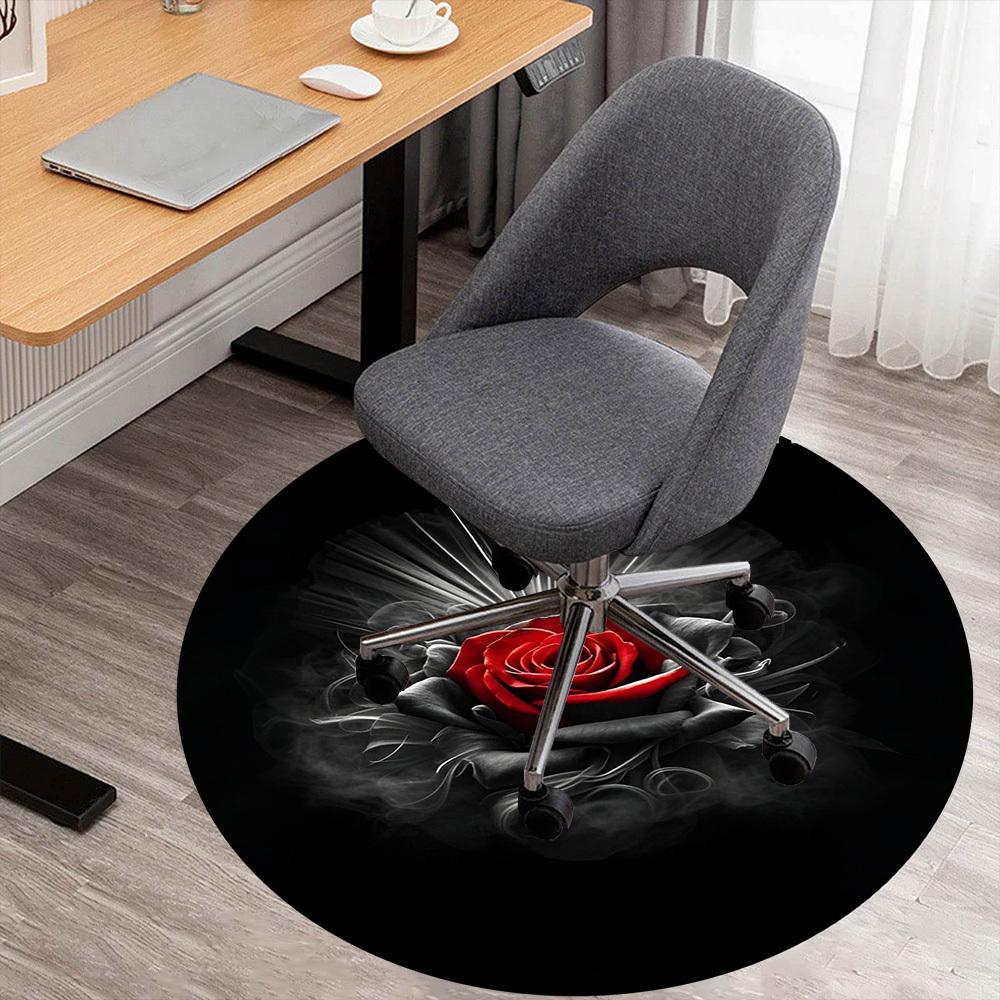 1PC Red Rose Black Background Round Chair mat Area Rug - Non-Slip, Floor Mat for Office, Bedroom, home decor Christmas Gift c0528062
