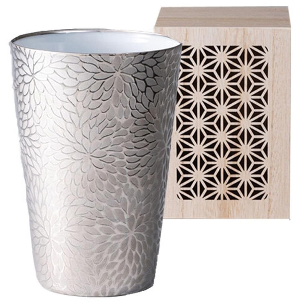 Transparent Platinum Tumbler with Chrysanthemum Wooden Made in Japan J-kitchens Ultra-Thin, Design, 370ml, Box,