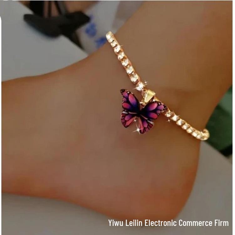 Women's Rhinestone Butterfly Pendant Anklet - Trendy Sparkling Foot Jewelry