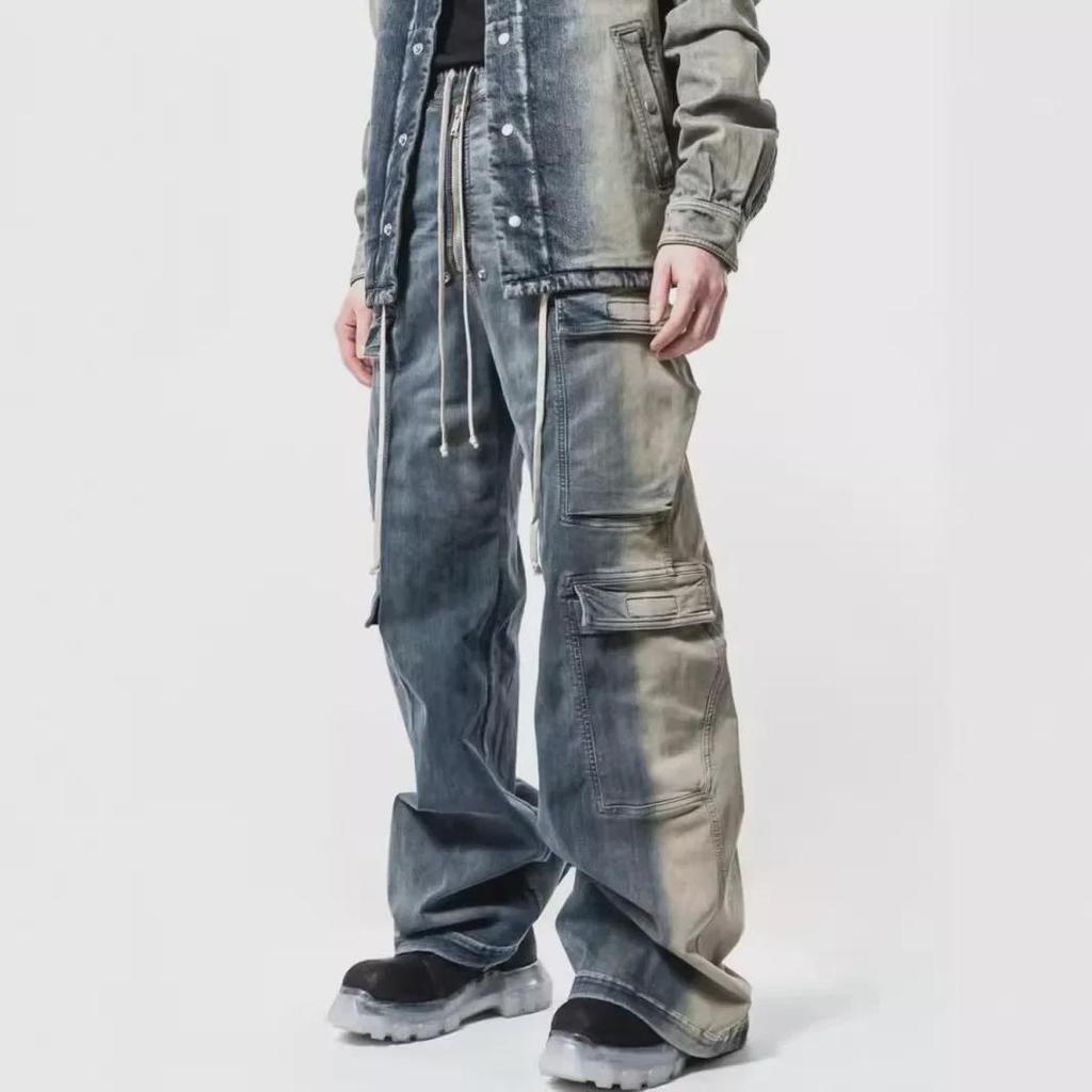 "Washed Blue Gradient Style Capper RO Wide-Leg Overalls for Men & Women"