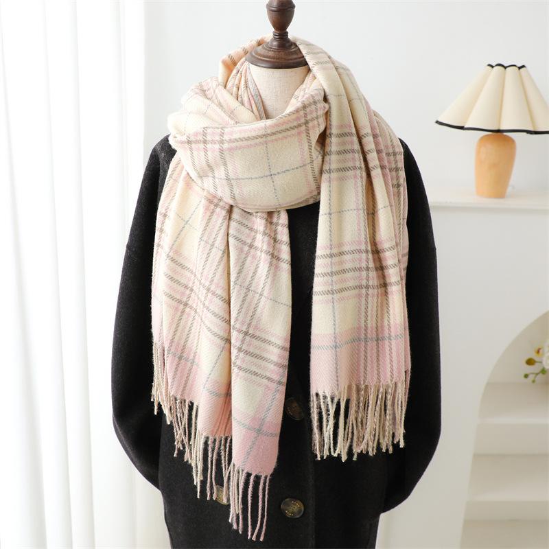 Plaid Imitation Cashmere Scarf Korean Version Simple And Versatile Warm Scarf Women'S Thickened Fringed Shawl