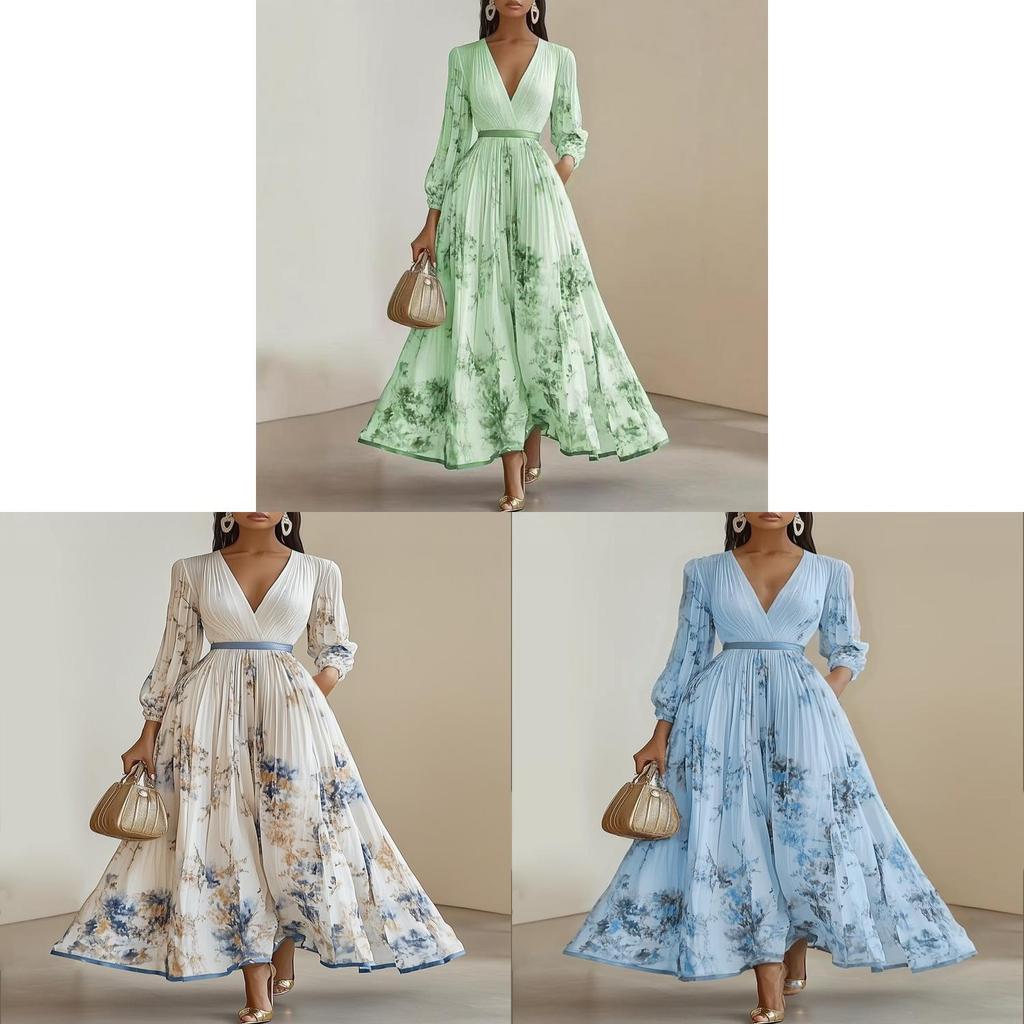 Elegante Abito Lungo con Stampa Floreale, Scollo a V e Design Pieghettato per la Serata
