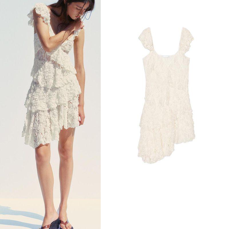 Summer New Arrival Ruffles Slim White Dress Fashion Elegant Lace Laminated Decoration Dress 2298190