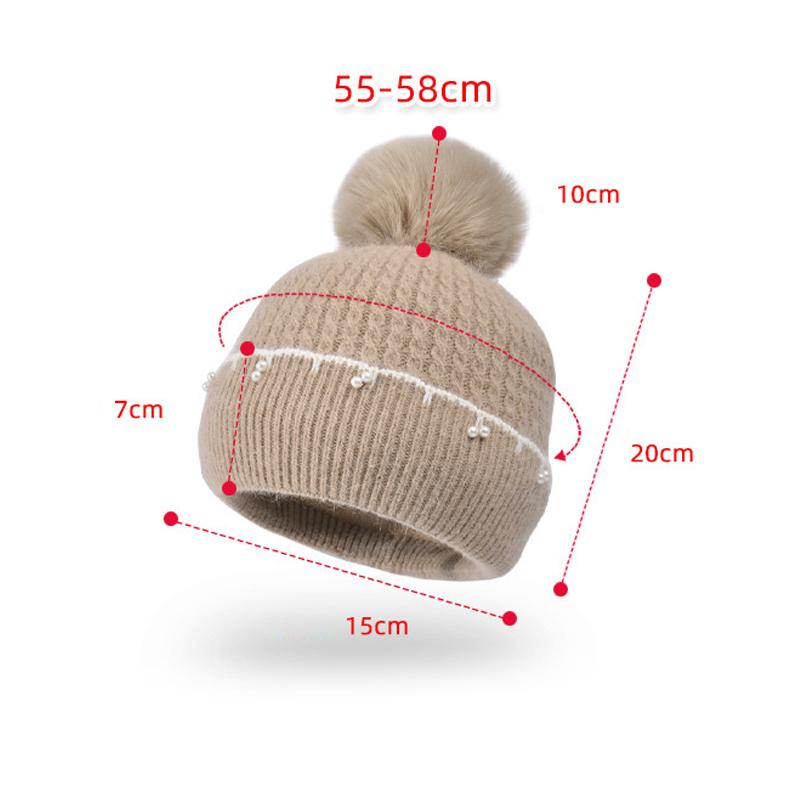 Winter Fur Ball Pearl Pullover Cap Women Outdoor Coldproof Hat Velvet Warm Ear Protection Knitted Wool Cap