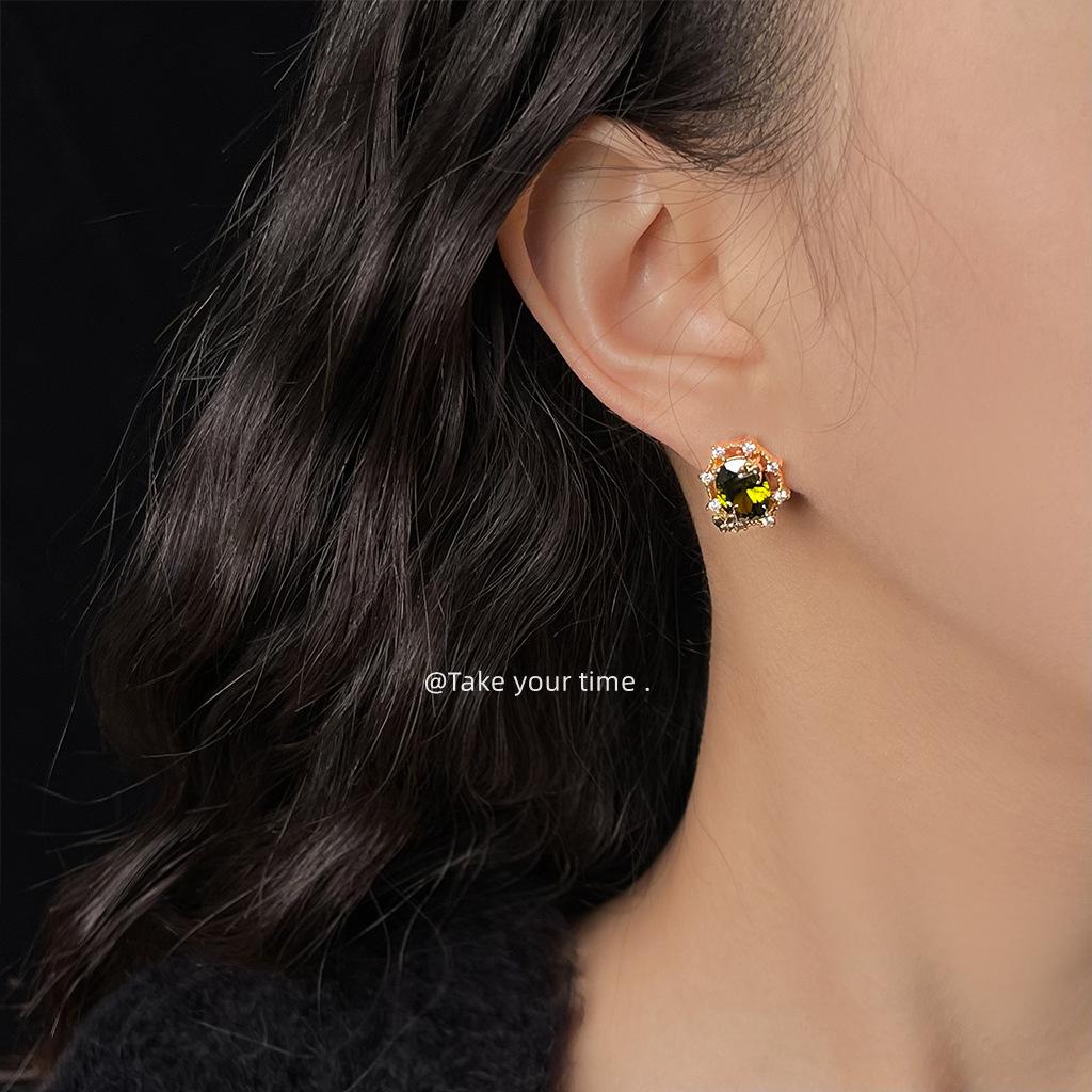 The Wizard of Oz Series~ Olive Green Zircon Mori Elegant 925 Silver Needle Plated 14K Butterfly Garland Earrings, Earrings