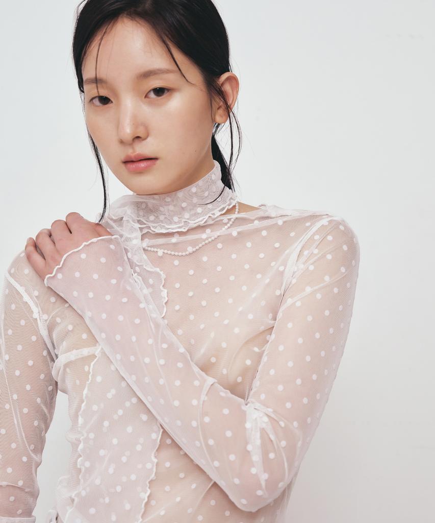 Nigaennikol Dot Mesh Scarf Top_Ivory