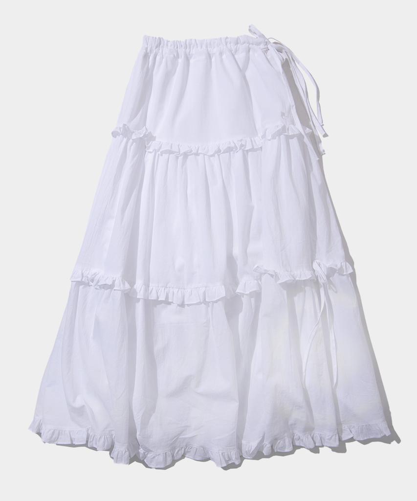 PLACE STUDIO Tiered Frill Flare Ribbon Shirred Long Cotton Skirt [Black]