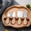 4pcs/set Cheese Knives Wood Handle Cutlery Steel Stainless Cheese Slicer Cutter Butter Spatula ForK Cooking Tools With Tray