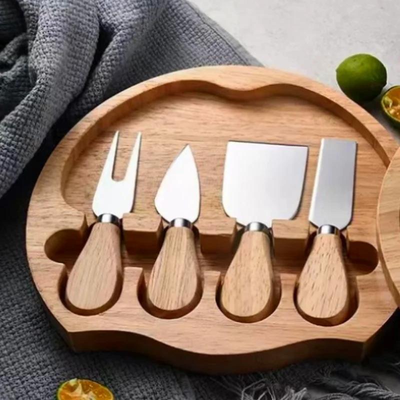 4pcs/set Cheese Knives Wood Handle Cutlery Steel Stainless Cheese Slicer Cutter Butter Spatula ForK Cooking Tools With Tray