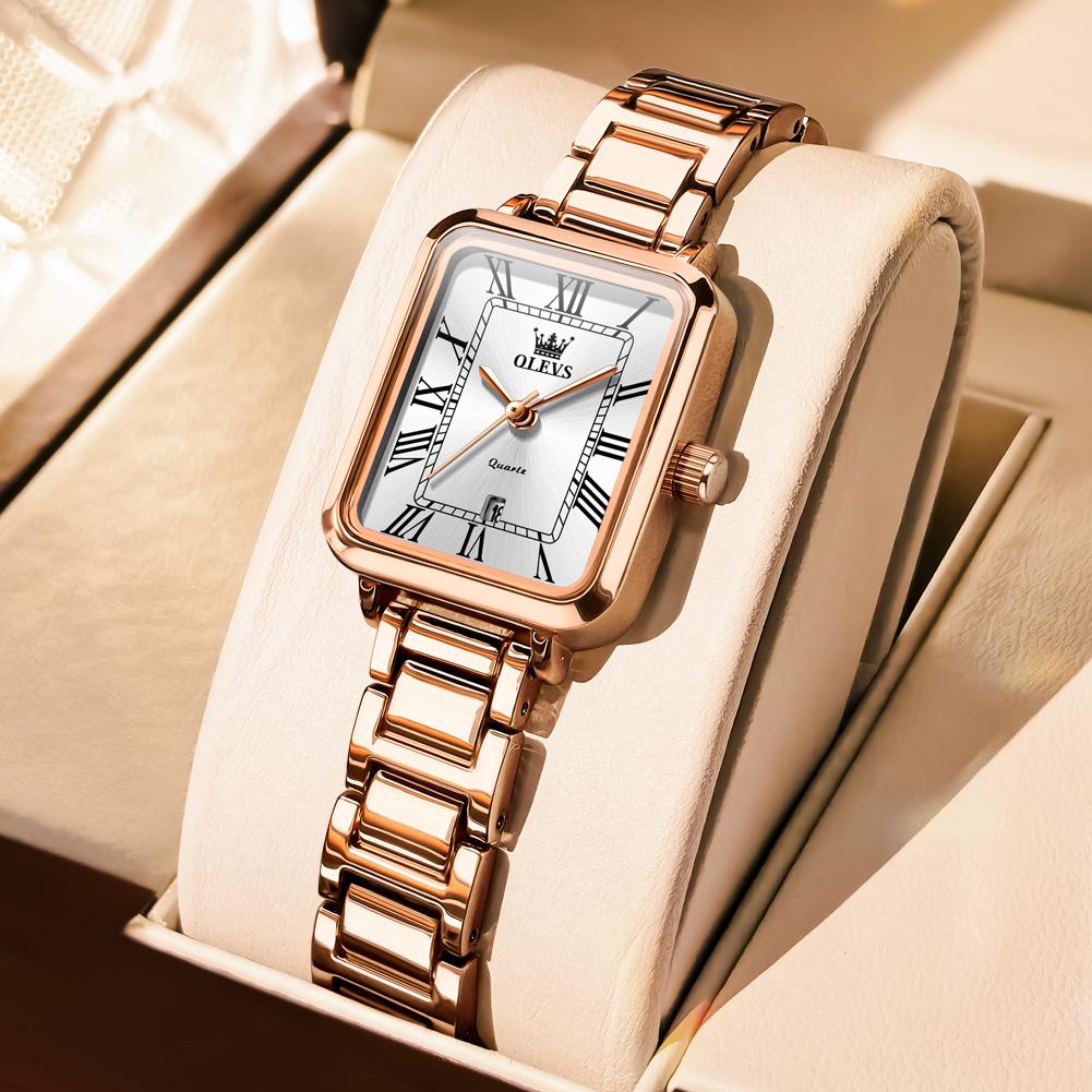 OLEVS Women s Watches 5641 Luxury Fashion Square Original Quartz Watch for Lady Rose white Dial Waterproof Date Stainless Steel No