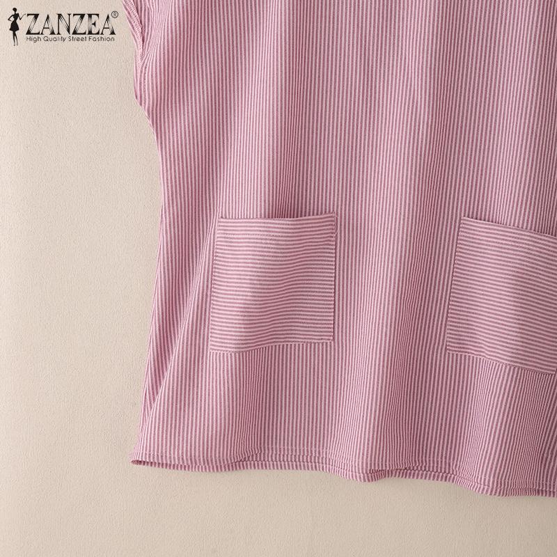 ZANZEA Blusa Casual de Verano para Mujer con Cuello Redondo y Manga Corta a Rayas