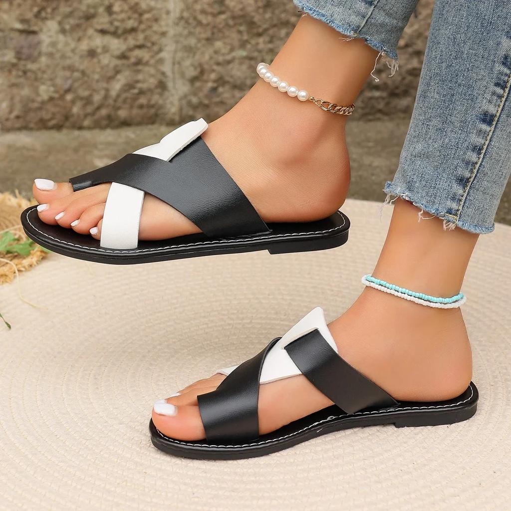 Fashion Womens 2025summer New Flat Non-slip PU Waterproof Womens Shoes Outdoor Casual Comfortable Beach Dress Womens Slippers Large Size