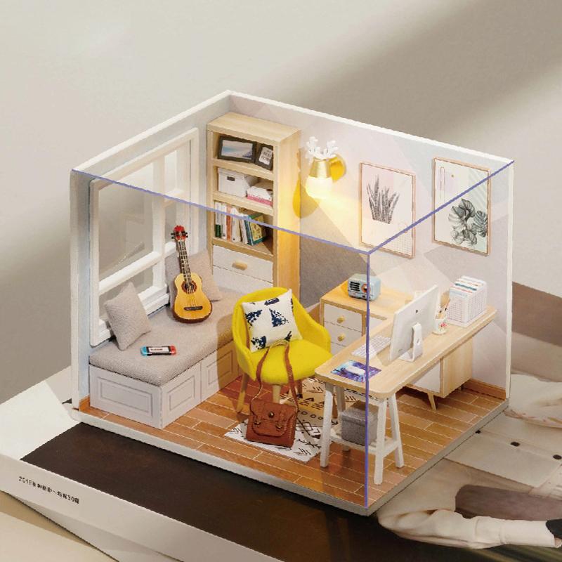 Kit de Casa de Muñecas DIY Montaje Estudio de Madera en Miniatura con Muebles para Niños Amigos