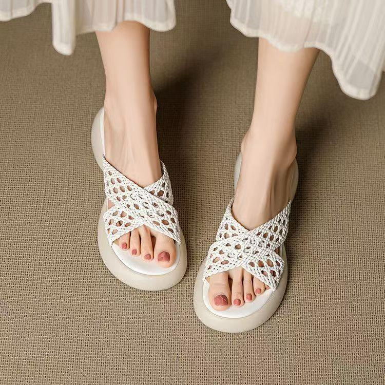 Stepping On Shit Open-toed Sandals Platform Slippers Women's Outer Wear Hollow One-word Drag 2025 Summer Women's Shoes Woven High Heels