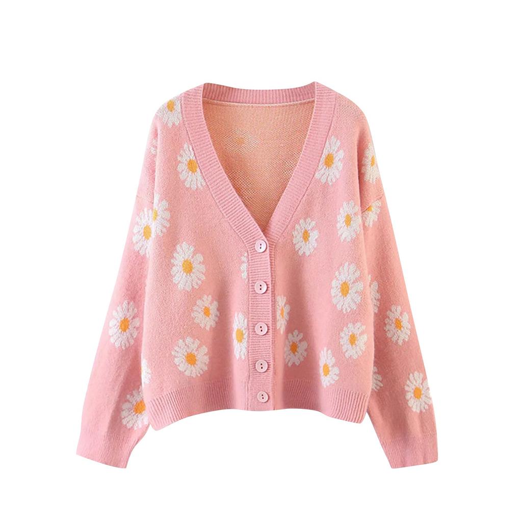 Women's  And Winter Fashion Flower Cardigan Sweater V-neck Long-Sleeved Sweater Women