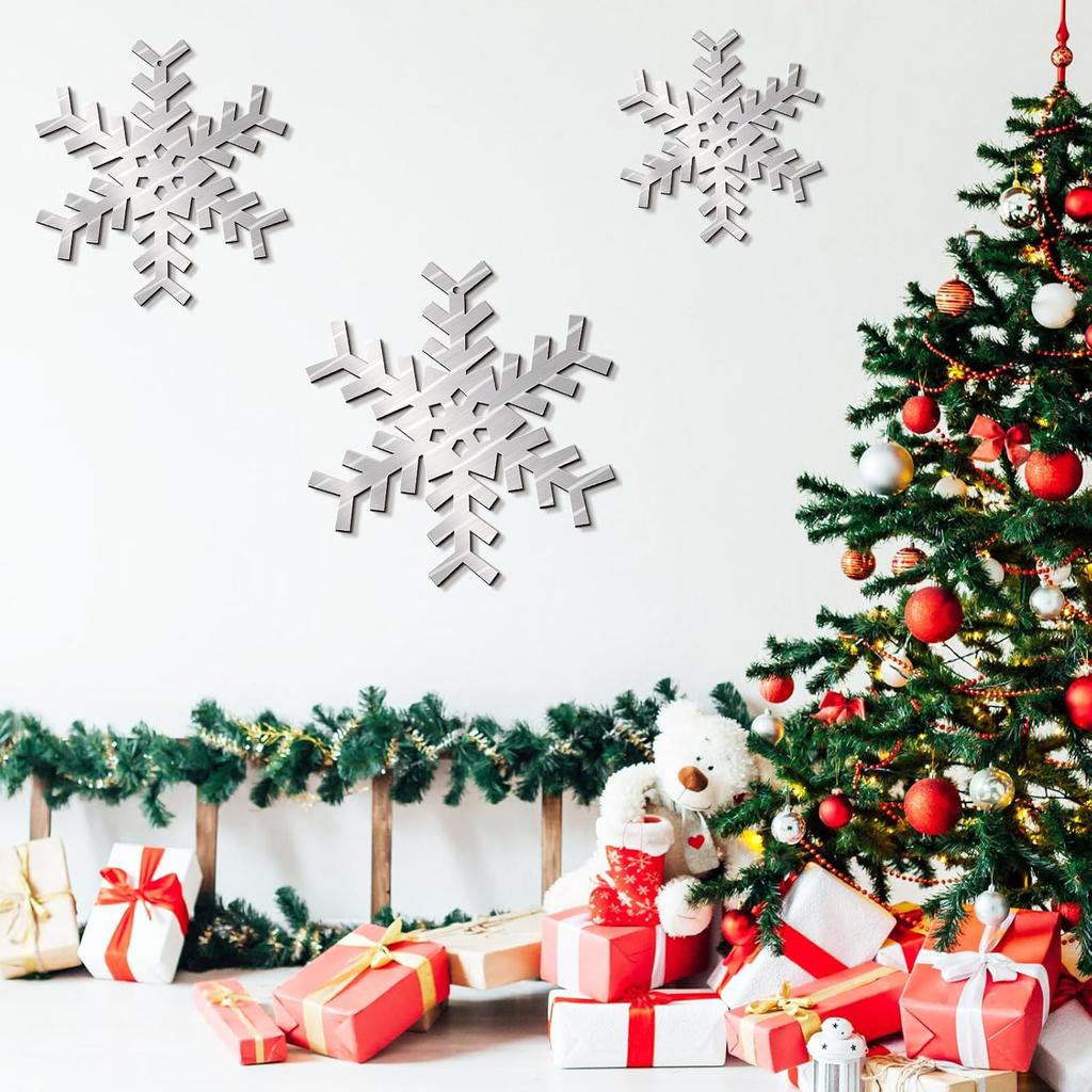 3 Pcs Metal Snowflake Wall Decor Winter Large Snowflake Decorations 12 10 8 Silver Rustic Snow Hanging Ornaments Farmhouse Metal Snow Flake on Rope