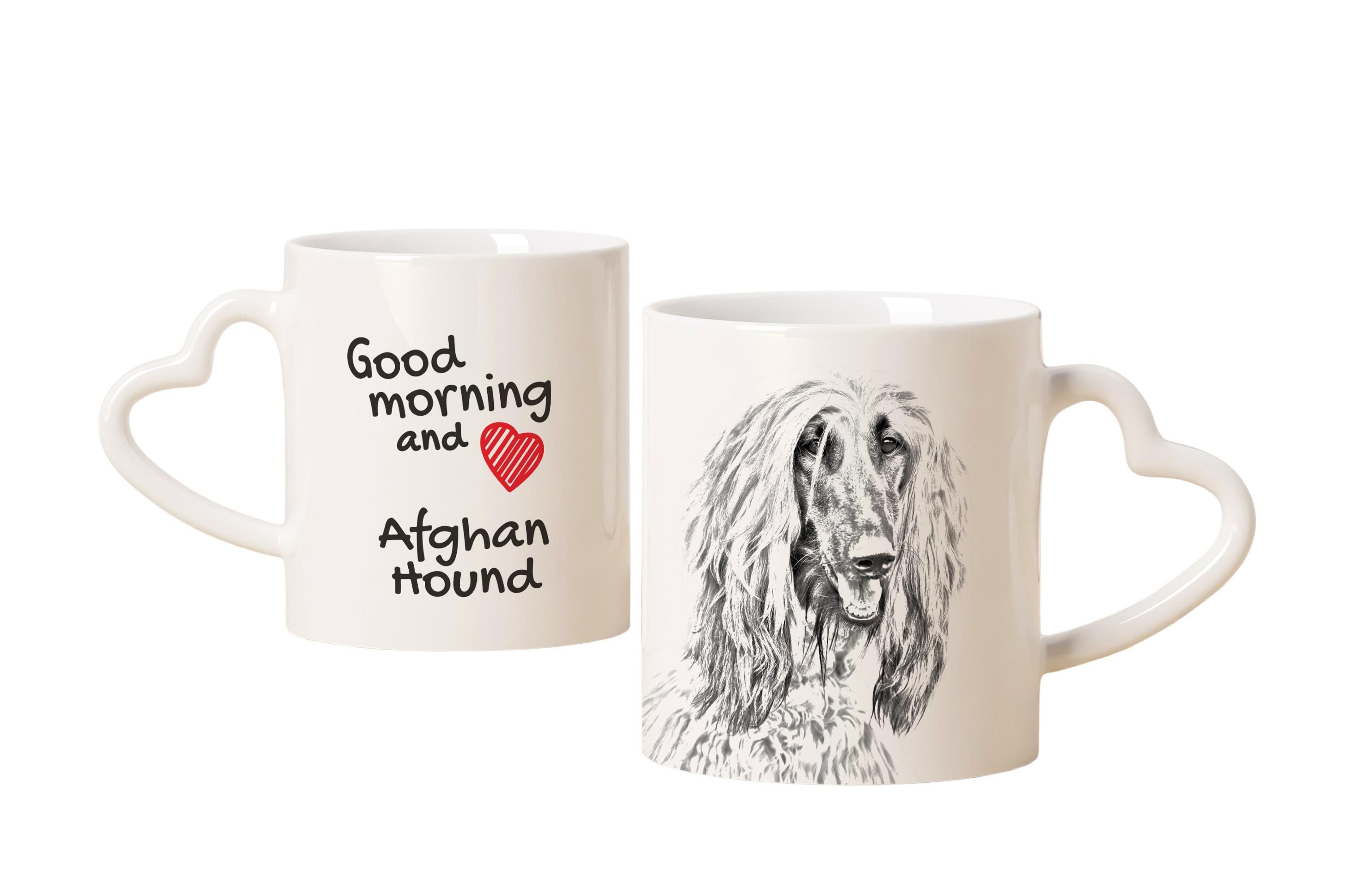 

Afghan Hound, Tazi - cup with a dog, adorable cup with a heart-shaped handle, universal gift from the Art-Dog brand білий