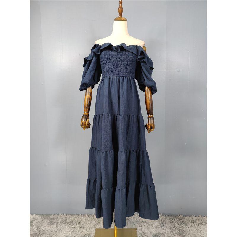 

Foreign Trade Order Lu s off-Shoulder Collar Slim fit Slimming Frill Casual Date Versatile Elegant Summer New Dress Tibetan Blue XL