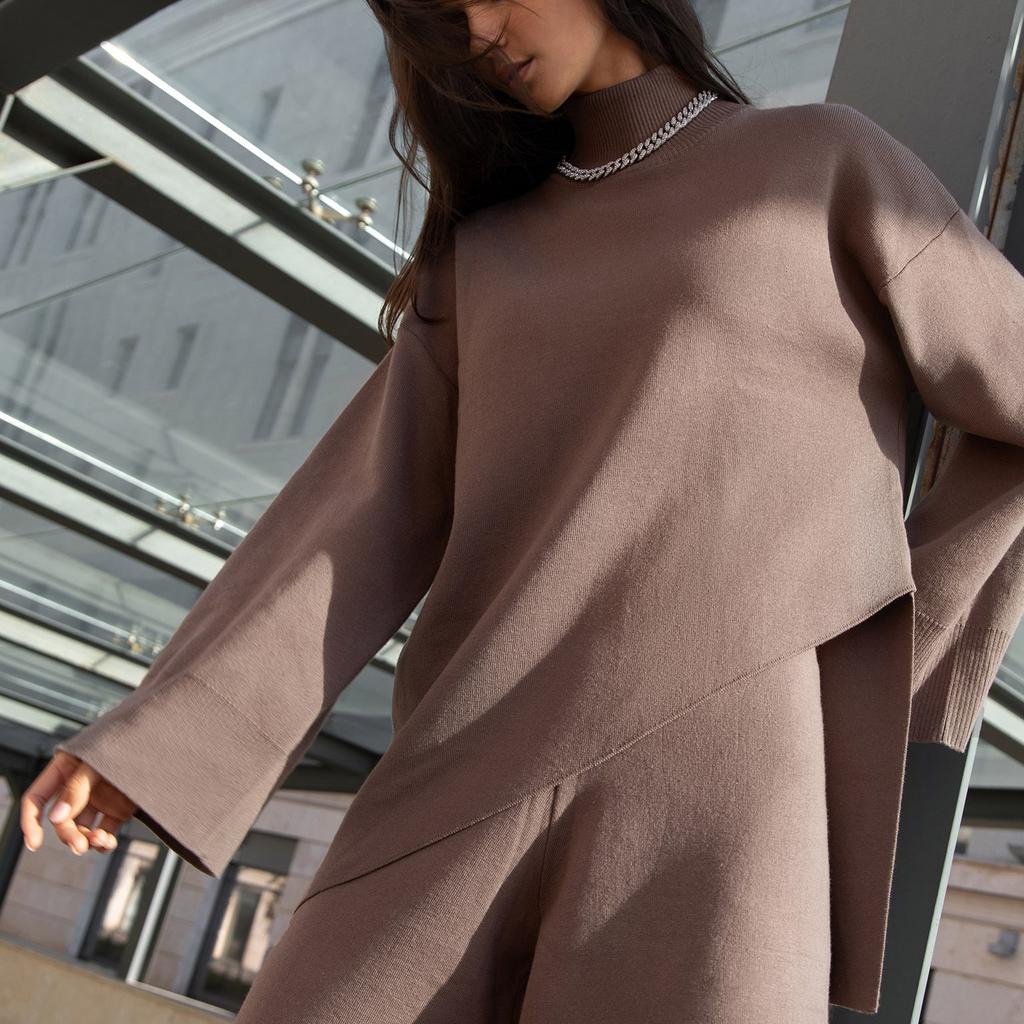 GMXIA Women's Half Turtleneck Sweater Set Irregular Bevelled Sweater + Knitted Wide Leg Pants Two Piece Set