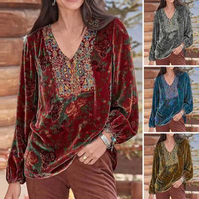 Frauen Bluse Vintage Print V-ausschnitt Langarm Elastische Manschette Streetwear Frühling Herbst Lose Samt T-shirt Pullover Frauen Kleidung
