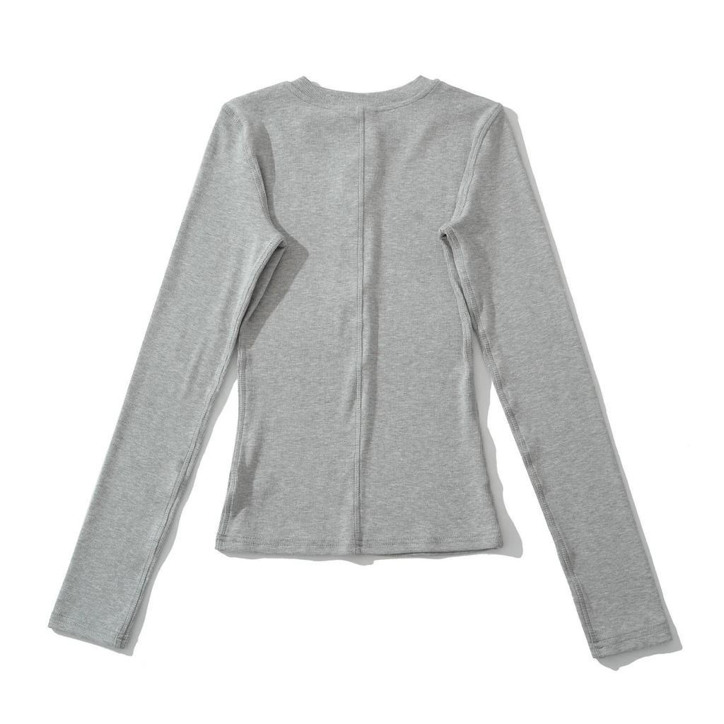 Women's White Slim Fit Henley Collar Long Sleeve T-Shirt – Perfect Waist-Cinching Base Layer for Autumn and Winter.