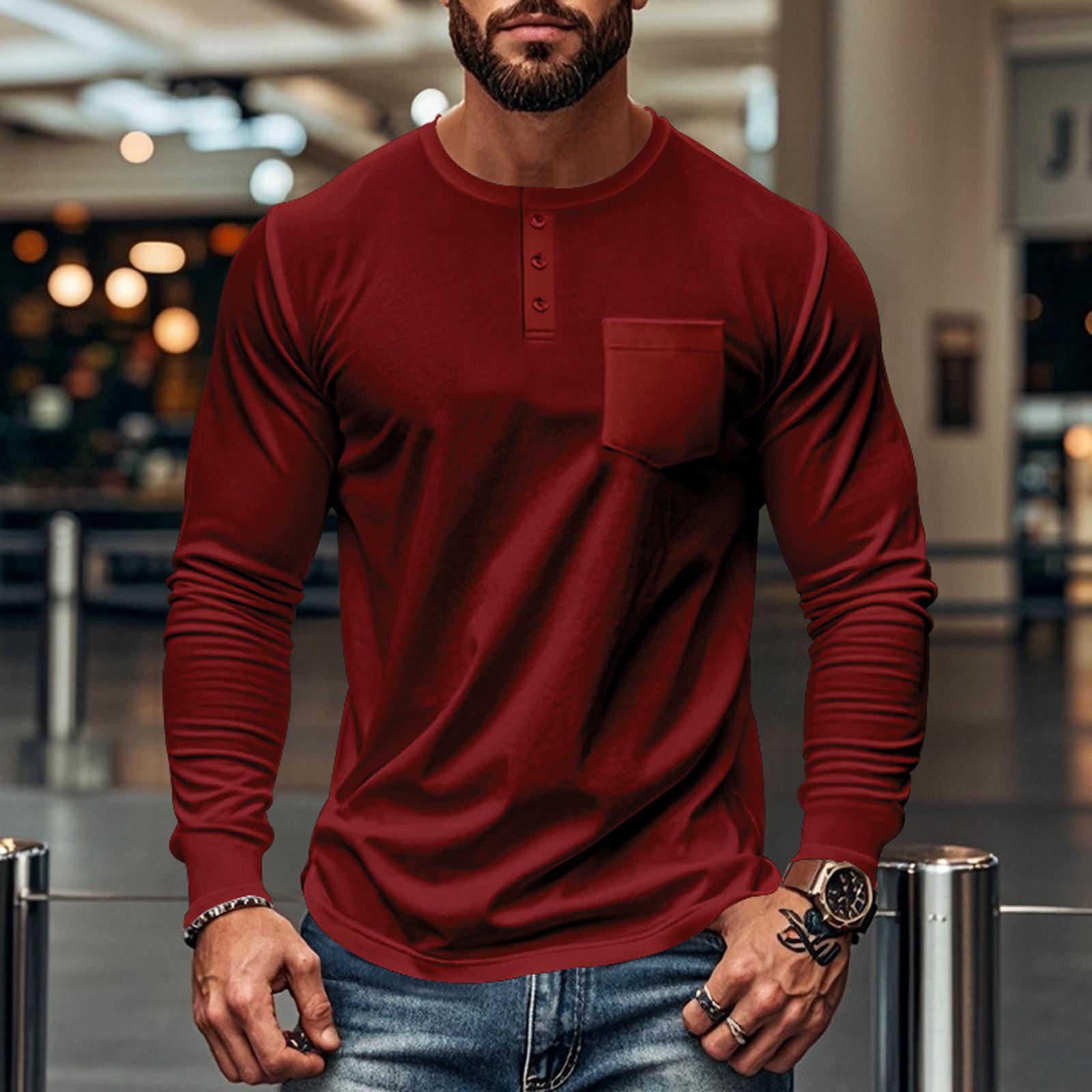 

Mens -Color Casual Round-Neck Shirts Long Sleeve Casual Shirt Summer Athletic Beach Hippie T-Shirt XXL винний