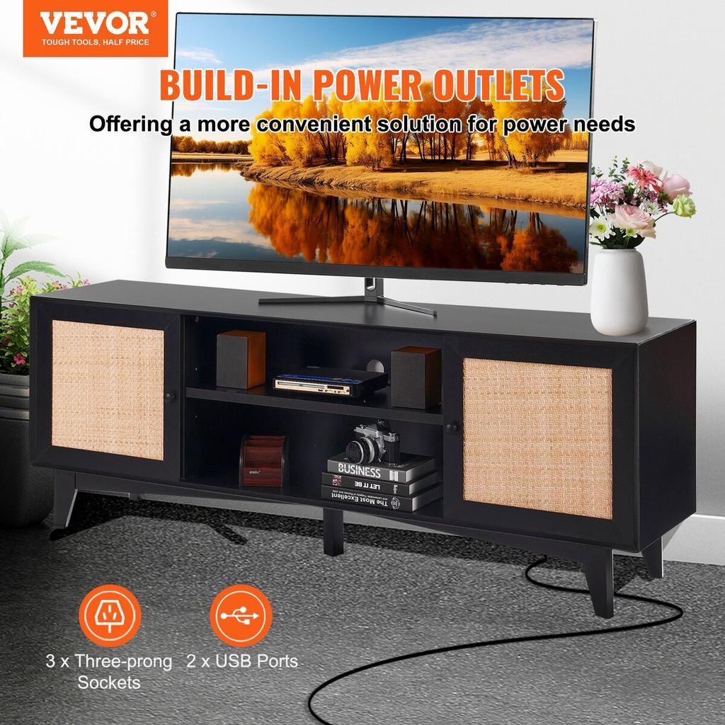 Rattan TV Stand for 75" TV Boho TV Stand with Build-in Socket Black