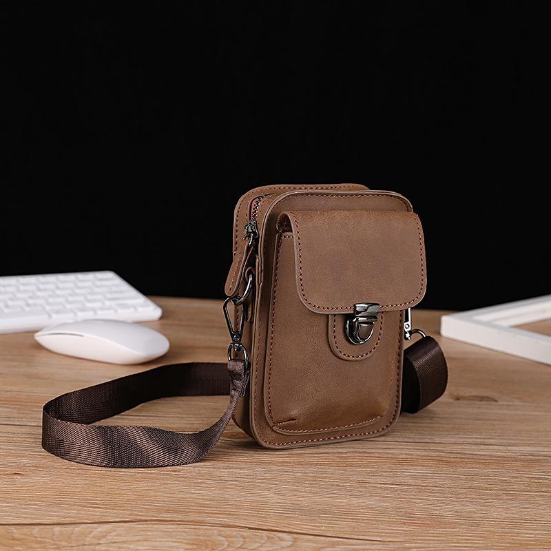 Men's Mobile Phone Bag PU Leather One-shoulder Small Bag Outdoor Leisure Mini Waist Bag Crazy Horse Leather Cigarette Bag