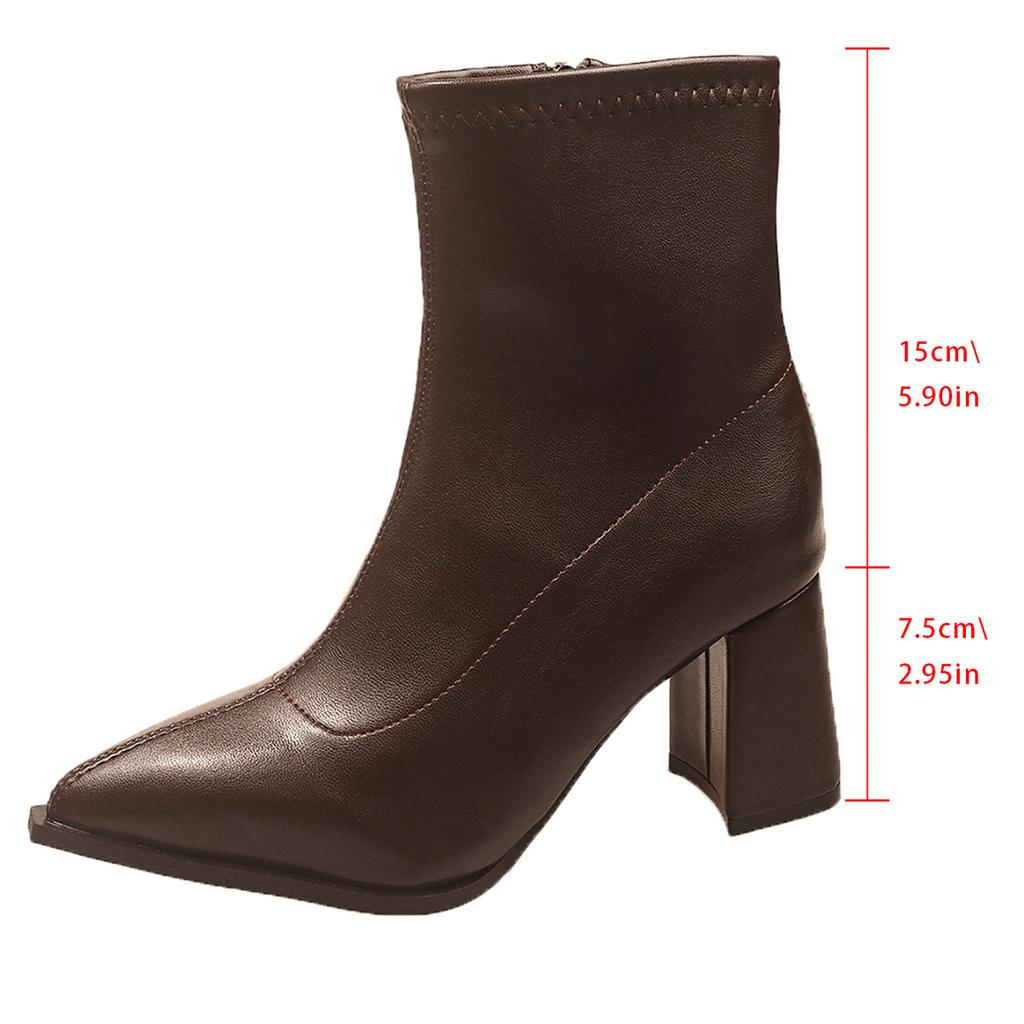 High Heel Skinny Boots Women's Autumn New Pointed Toe Rear Zipper Anti-Slip Wear-Resistant Block Heel Short Boots