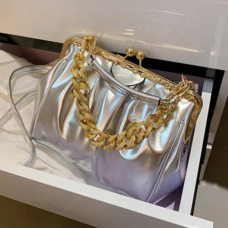 PU Leather Shoulder Bag for Women Kiss Lock Shell Clip Female Handbags Ruched Crossbody Bag Silver Blue Green