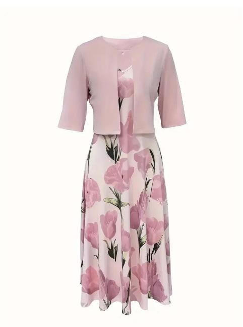 Women's Relaxed Fit Skirt Suit Three Quarter Sleeve Crop Jacket Flared Midi Dress 2024 Fall Floral Print Elegant Two Piece Outfit Set