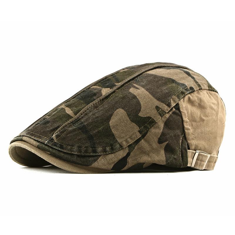 Unisex Camouflage Washed Cotton Flat Cap Retro Beret Newsboy Cap Outdoor Tactical Duckbill Hat Adjustable Military Style Forward Cap
