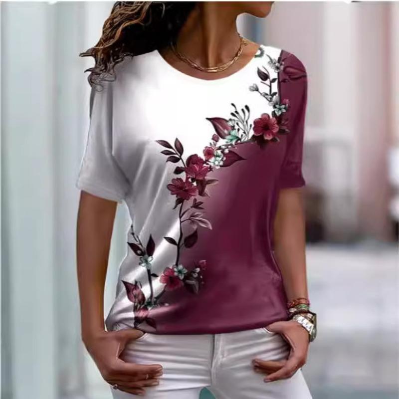 Spring Summer Women's Floral Print Gradient T-Shirt Casual Short Sleeve Crew Neck Top