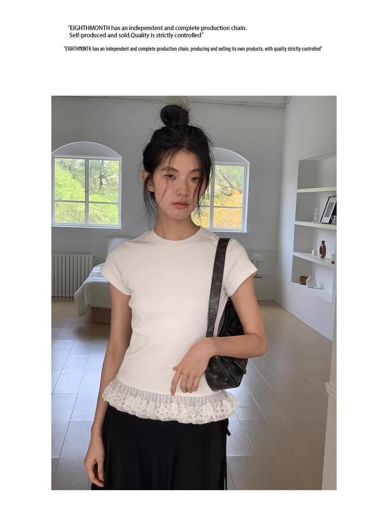 Women's White Lace-Trimmed Ballet-Style Slim Fit Short Sleeve T-Shirt - Summer 2025 Collection