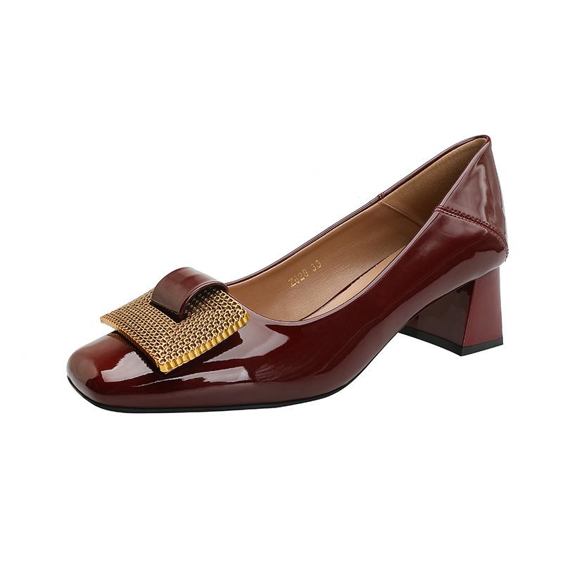 Customized Exclusive~ Thick Heel High Heels Are Not Tired of Feet, Red Wedding Shoes, Middle Heel Spring and Autumn Shoes, Patent Leather Square Head