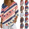 Women's V-Neck Button Three-Quarter Sleeve Casual Independence Day Print Pullover T-Shirt