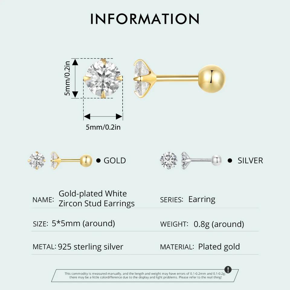 WOSTU 925 Sterling Silver Gold Round AAA Zircon Stud Earrings For Women Wedding Studs Euro Simple Party Pendientes 3MM 5MM 7MM