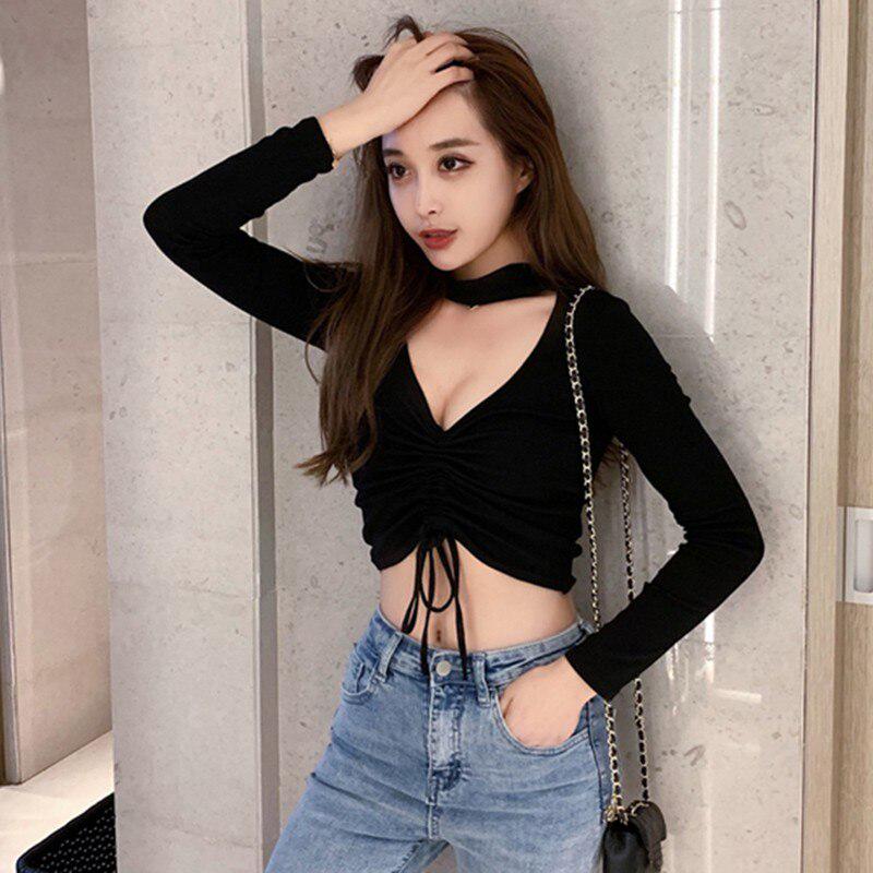 Women's T Shirt Camiseta Mujer Casual Long Sleeve Solid V-neck Crop Tops Woman Fashion Drawstring Bottom Top Tee Shirt Femme