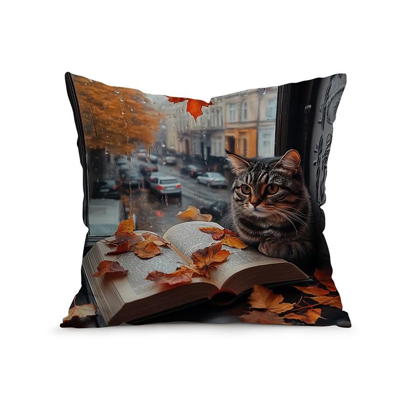 Home Decor Cats By Window With Books And Autumn Leaves Pattern Cushion Cover Suitable For Sofa Bedroom Car Pillow Cover