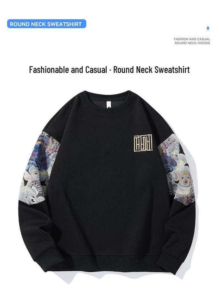 Plus Size Ethnic Style Embroidered Men's Hoodie - Autumn/Winter Retro Round Neck, Velvet, Long Sleeve, Enlarged Fit