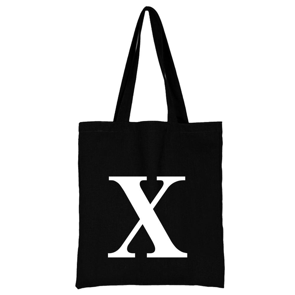 Women's Black Shopping Bag Casual Large-capacity White Letters Initial Name Pattern Printing Series Canvas Shoulder Bag Reusable
