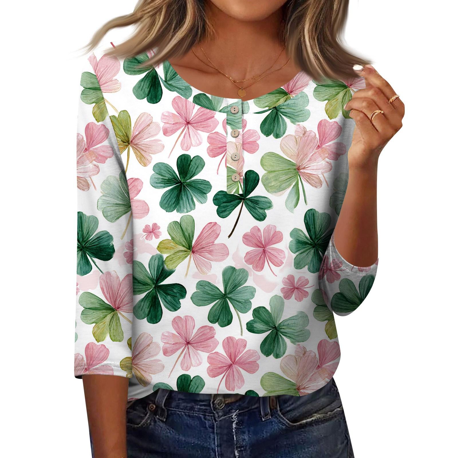 

3/4 Sleeves Shirts For Women Button Down Shirt Top For Women Half Button Down Print Graphic Blouse XL рожевий