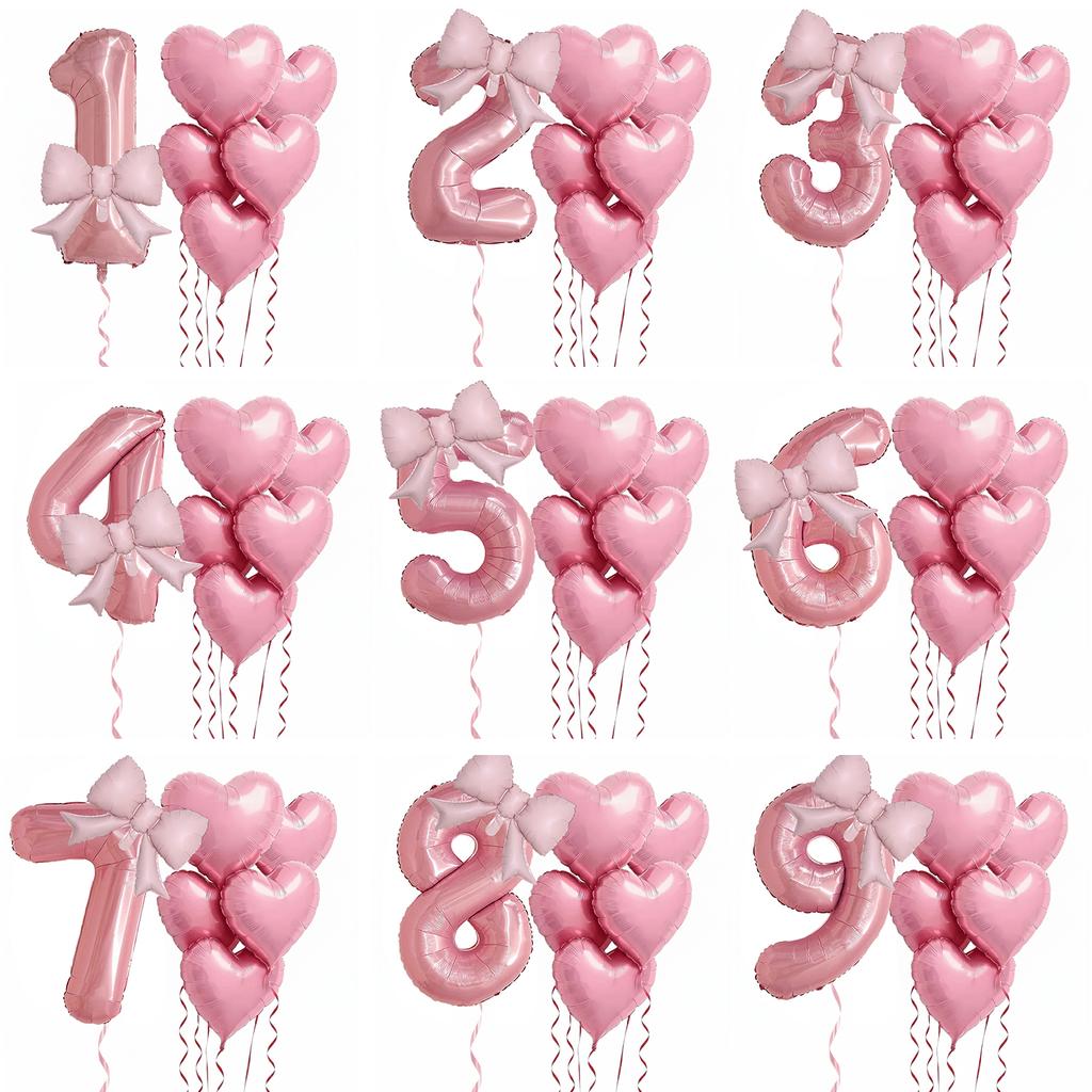 7pcs Pink Foil Number Balloon Set Bows Heart Balloons Numbers 1-9 Baby Shower Decor Girl's Birthday Party Decor Wedding Supplies 5