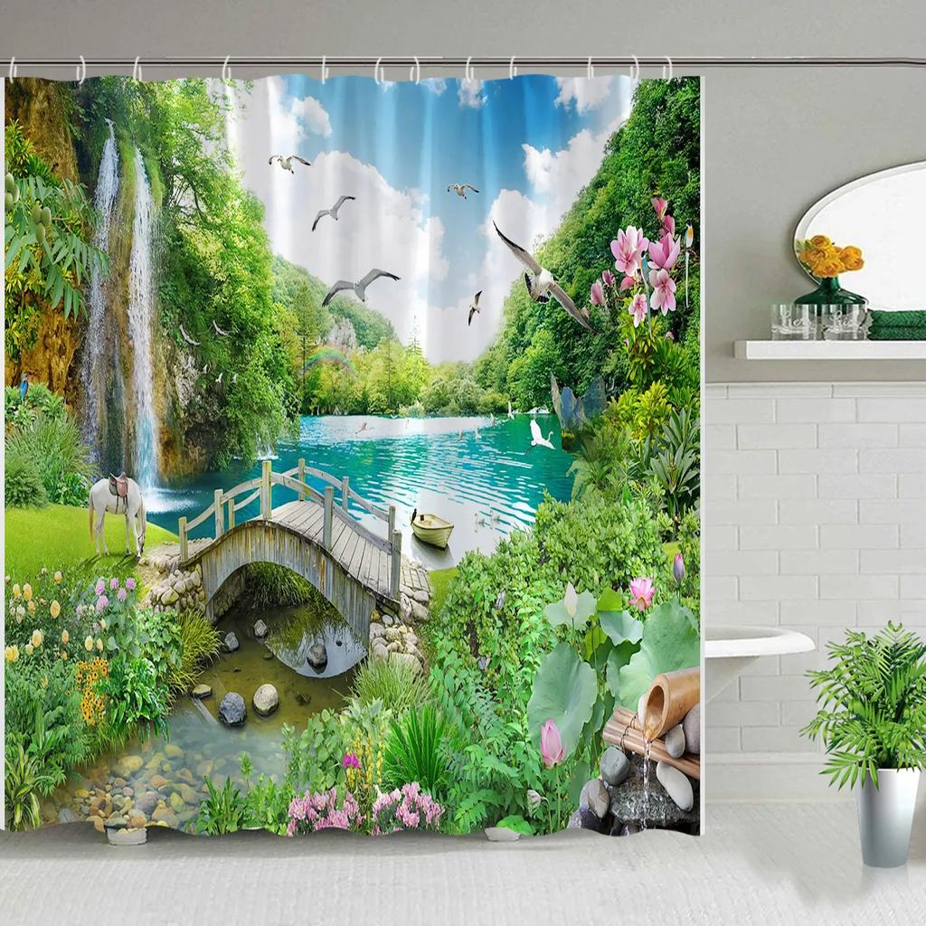 Tenda da Doccia da Giardino Esterna Muro a Fiori Arco Architettura Piante Fiori Paesaggio Poliestere Tende Sospese Decorazioni Bagno