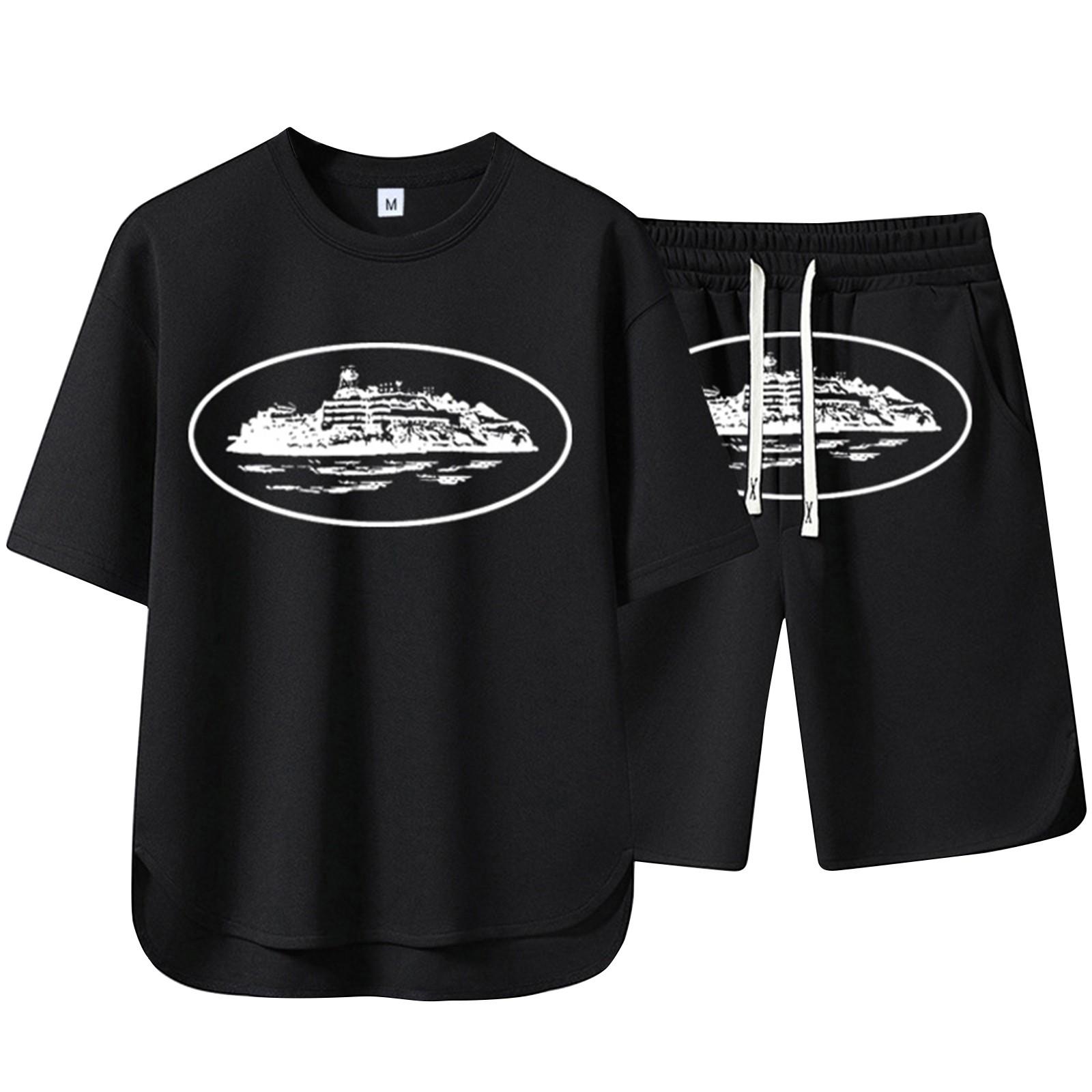 

Мужской летний однотонный комплект с принтом, футболка с коротким рукавом и круглым вырезом, шорты M чёрный